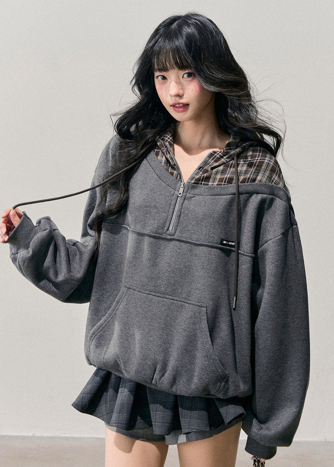 AOMALM hoodie, Korean hoodie women, fake two piece hoodie, plaid hoodie women, oversized sweatshirt, winter hoodie women, Korean casual top, fleece hoodie women, layered hoodie style, soft feminine hoodie, half zip sweatshirt, grey hoodie outfit, winter casual wear women, Korean street fashion hoodie, cozy winter sweatshirt