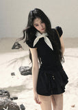 aomalm top, bow puff sleeve top, polka dot bow top, korean feminine top, french vintage top, black slimming top, puff sleeve t-shirt, waist defining top, feminine korean fashion, summer bow top, romantic black top, soft french style top