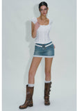 White Lace Tank & Denim Skirt Set with Waist Design