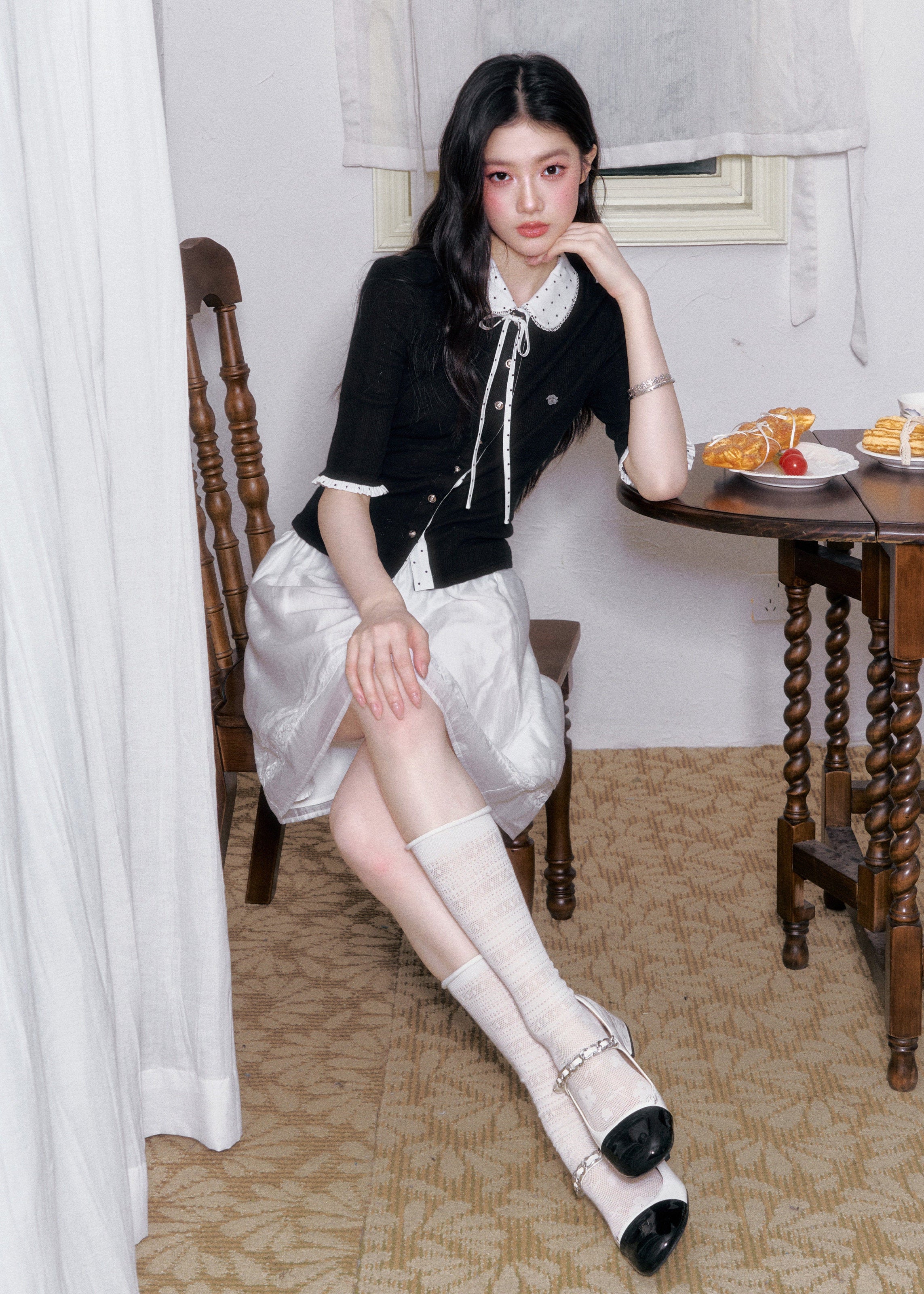 fragileheart cardigan, doll collar cardigan, korean collegiate top, ribbon knit cardigan, preppy cardigan top, feminine korean fashion, color block cardigan, pearl button cardigan, academy style top, sweet knit top, black doll collar top, korean preppy fashion