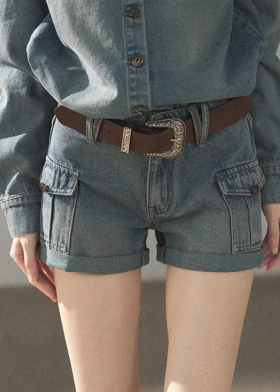 Soft blue denim set with relaxed jacket silhouette