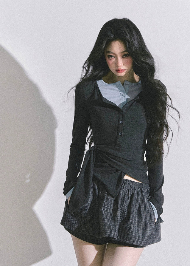 layered long sleeve top, fake two piece shirt, double layer tee, Korean fashion top, Korean-American street style, fitted long sleeve shirt, waist slimming top, hot girl aesthetic top, two tone collar top, casual layered tee, slim fit autumn top, trendy Korean tops for women, schoolgirl style top, aesthetic streetwear top, fall fashion womens tops, Y2K layered style, chic long sleeve shirt, boutique fashion tops, modern layered knit top

