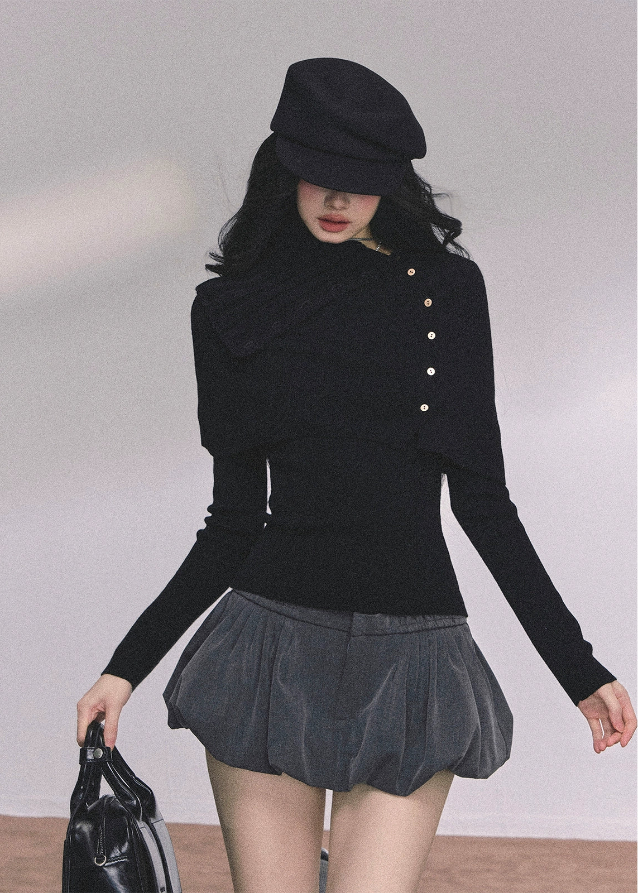 layered knit top, shawl knit two piece, Korean fashion top, Korean girl style knit, fall knit top women, winter knit set, off shoulder shawl knit, elegant Korean sweater, slim fit knit top, two piece knit outfit, gray knit long sleeve, black knit long sleeve, trendy Korean sweater, Seoul street style knit, aesthetic knitwear women, Nowa Tokyo knit top, boutique knit style, Korean American fashion top
