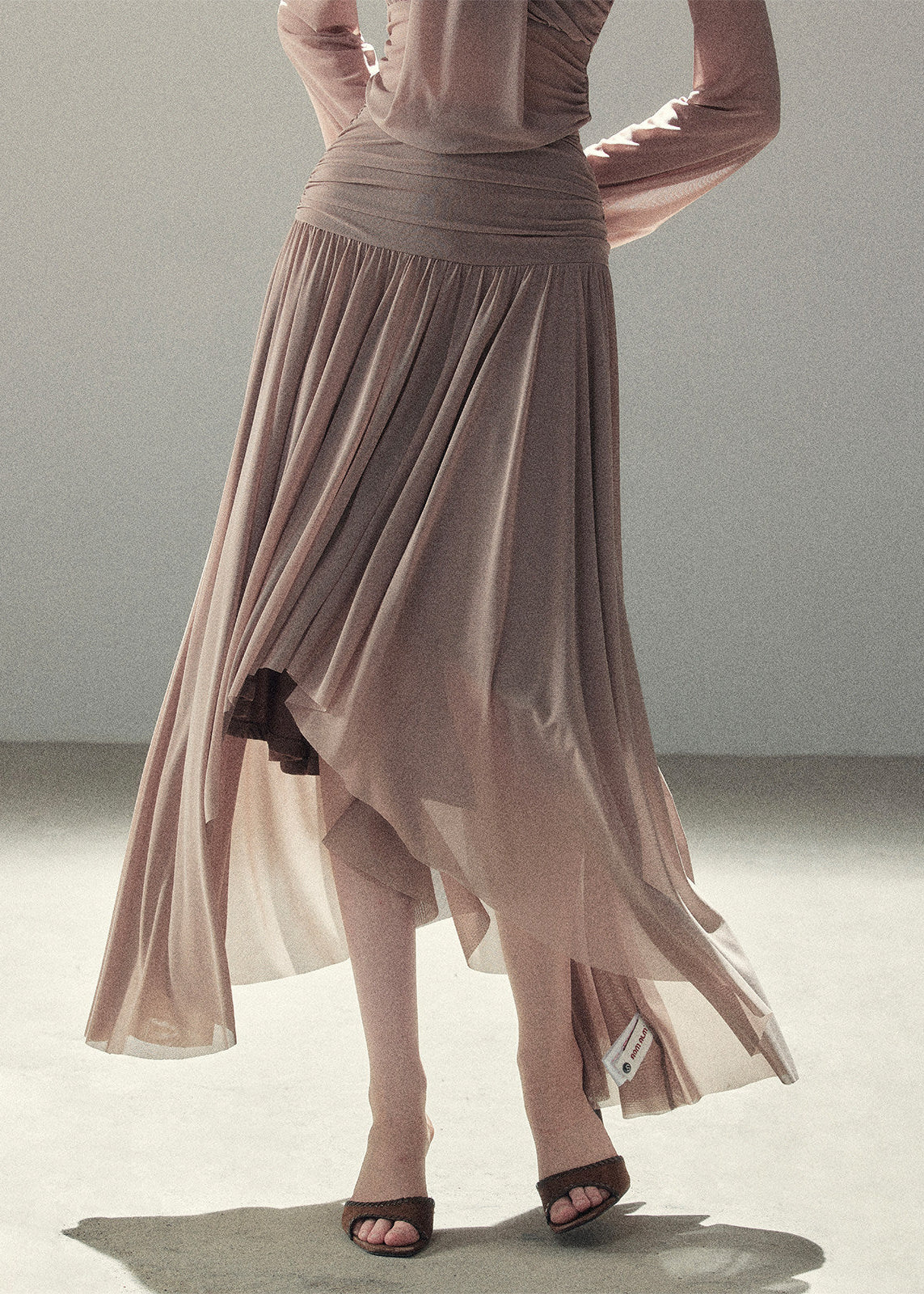 Draped taupe top and maxi skirt two-piece set