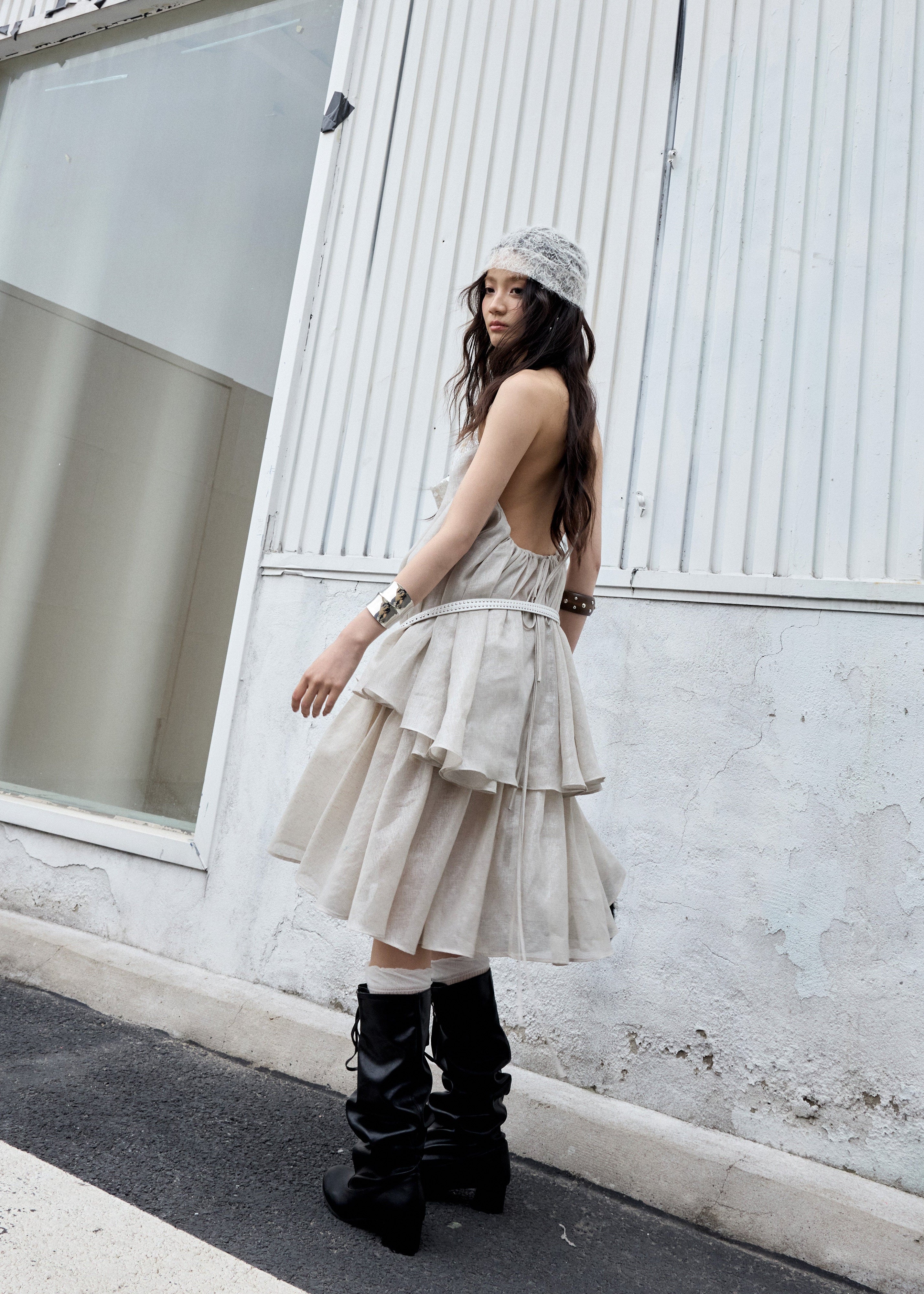 jnylon two piece set, halter skirt set, korean fashion set, white peach outfit, romantic summer set, sequin halter top, feminine skirt set, stylish korean outfit, textured two piece dress, summer occasion outfit, dreamy halter set