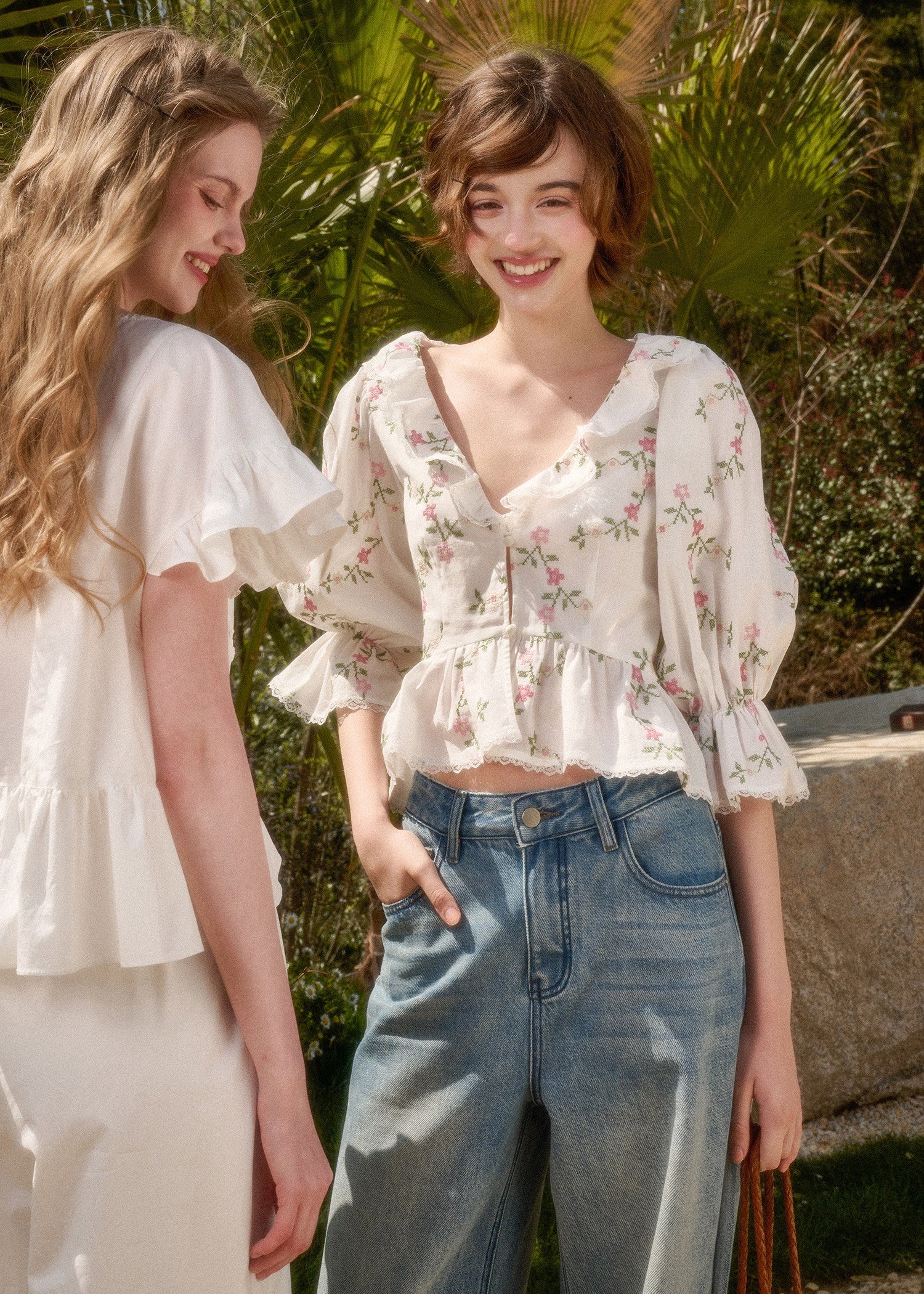Floral cotton blouse with ruffle V-neckline