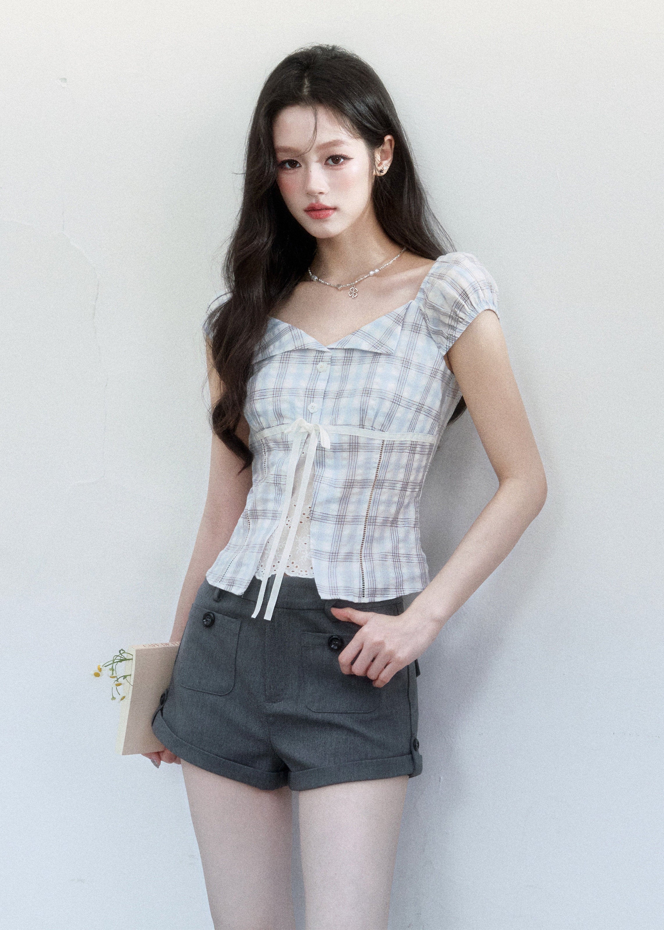 fragileheart top, blue plaid top, korean plaid blouse, academy style top, lace patchwork top, feminine summer top, tie front plaid top, cotton plaid blouse, korean fashion top, slim fit summer blouse, cute plaid top, preppy korean top