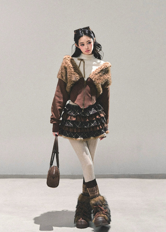 Korean jacket, lambswool jacket, fluffy cropped jacket, winter feminine coat, AOMALM jacket, Korean style outerwear, fur trim hoodie, cute winter jacket, warm fleece coat, short lamb fleece top, girly winter fashion, soft girl jacket, brown fluffy jacket, K-fashion outer, winter Korea outfit