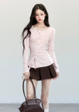 Fragileheart knit top, faux two-piece shirt, layered asymmetric blouse, luxury Korean fashion, minimal feminine outfit, quiet luxury womenswear, pastel noir aesthetic, elegant everyday top, four color knitwear, K-fashion 2025, casual chic long sleeve, modern Korean style, delicate soft knit, refined daily outfit
