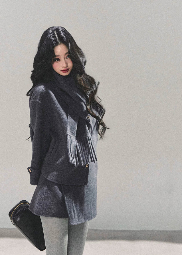AOMALM coat set, reversible tweed coat, Korean winter outfit, tweed skirt set, winter two-piece suit, feminine Korean style, gray tweed jacket, winter mini skirt outfit, thick tweed coat women, luxury winter suit set, Korean fashion 2025, reversible winter jacket women, elegant winter outfit women, fringe scarf coat, wool blend short coat, autumn winter matching set, stylish tweed coordinates, A-line mini skirt winter, warm tweed jacket, trendy Korean outfit set.