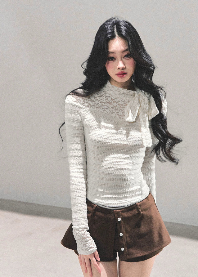 french lace bow top, black white lace shirt women, slim fit base shirt, long sleeve lace tee, autumn french style top, ribbon lace blouse, korean slim knit top, elegant lace t-shirt women, fw25 lace top, soft girl frenchcore

