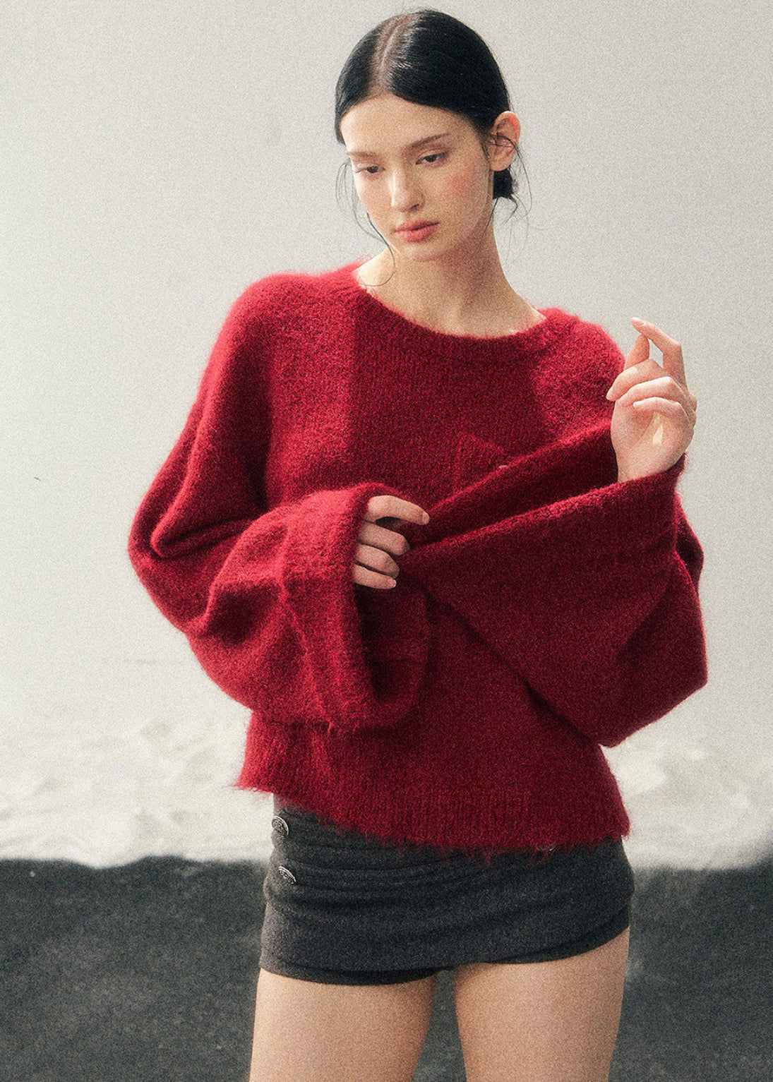 AOMALM sweater, red mohair sweater, women winter knit top, French style sweater, Korean aesthetic knit, soft feminine sweater, fluffy winter sweater, mohair pullover women, holiday red sweater, New Year knit top, cozy winter top women, elegant knitwear women, warm mohair sweater, romantic winter outfit, soft texture sweater, winter fashion women