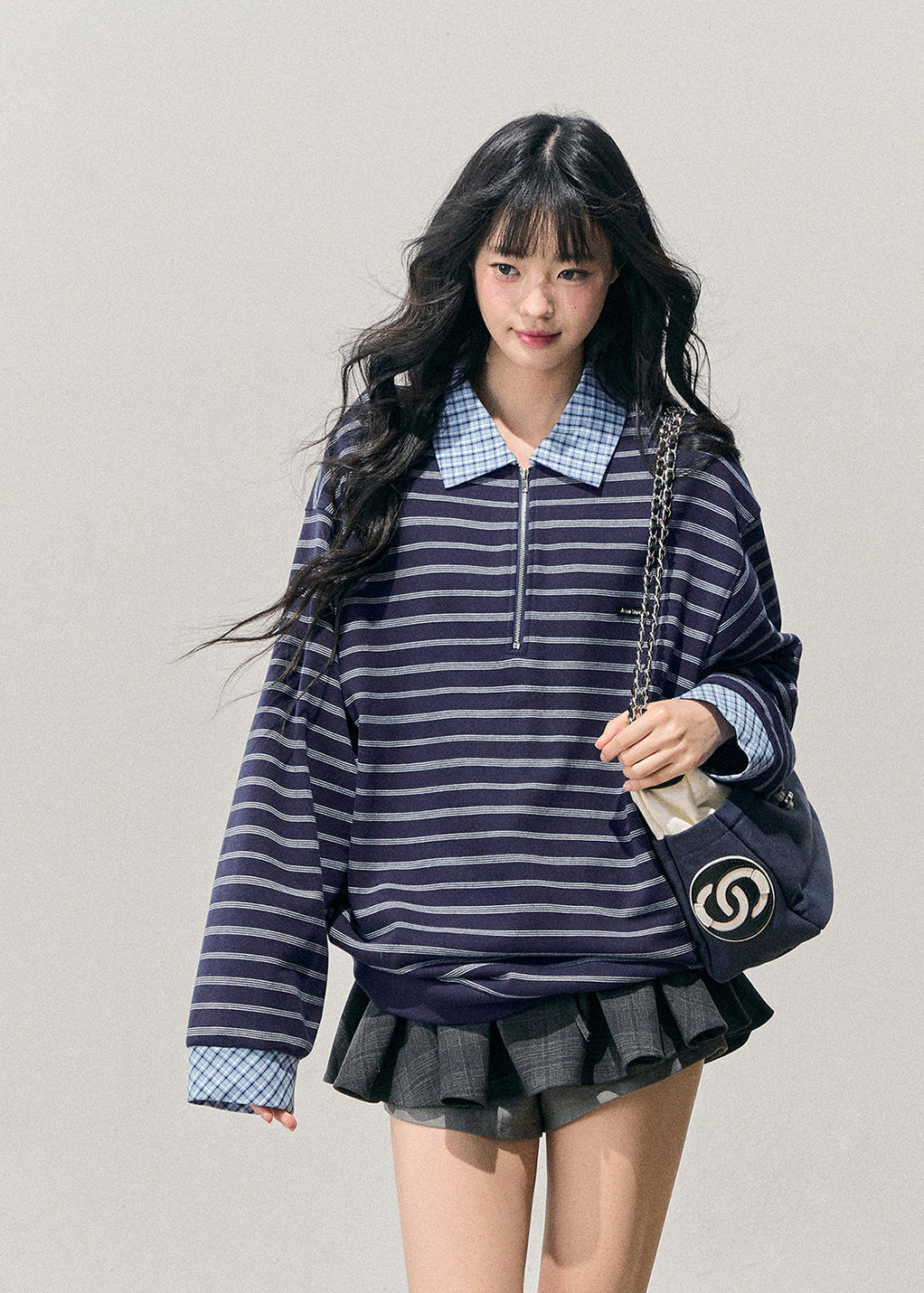 fake two top, layered polo knit, striped long sleeve top, AOMALM top, Korean fashion knit, winter striped polo, preppy layered shirt, women’s fake two sweater, soft knit pullover, autumn winter tops, Korean aesthetic outfit, American striped tee, polo collar knit, layered look sweater, casual winter knit top, streetwear Korean top, feminine preppy clothing, blue striped knit, layered illusion top