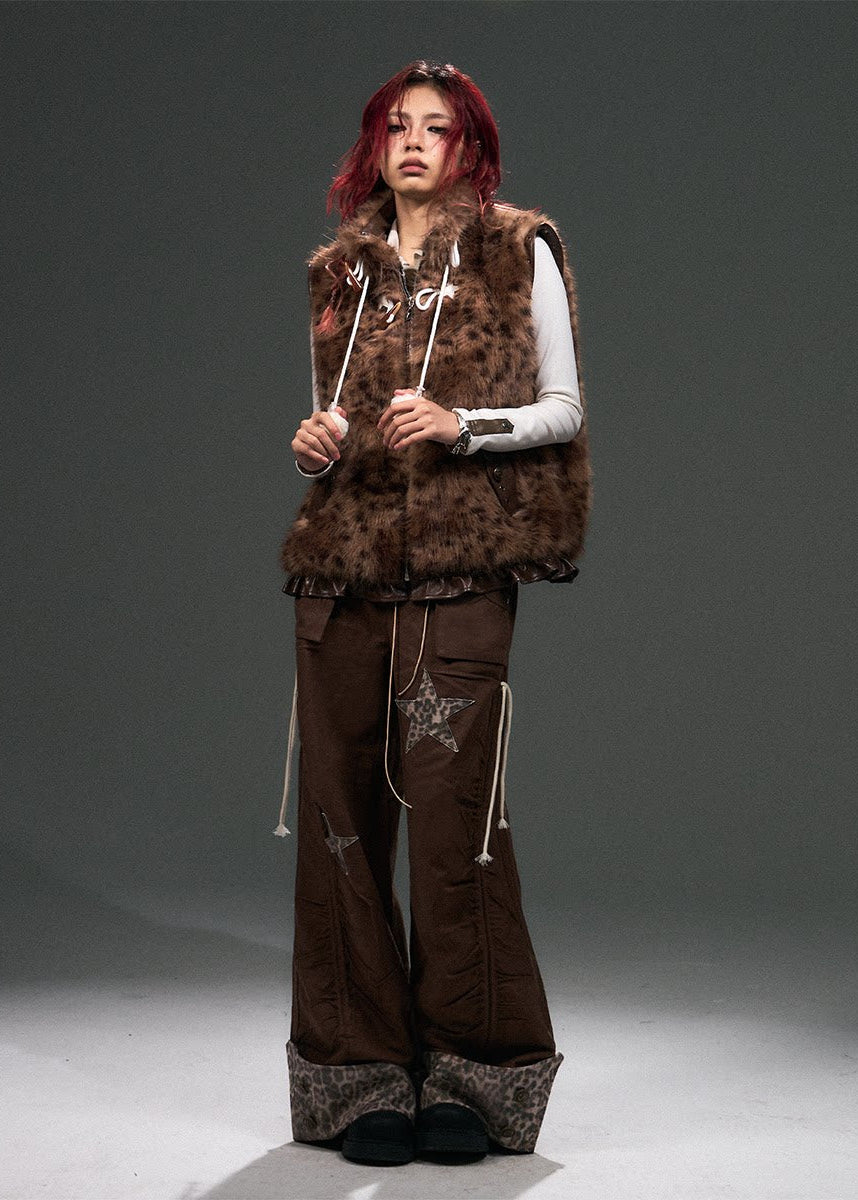 leopard fur vest women, faux fur gilet, edgy leopard print vest, punk winter layering, dark street fashion vest, vintage fur vest women, alternative fashion outerwear, frustration garden vest, statement faux fur piece, gothic streetwear vest, rebellious women fashion, textured fur vest, punk luxury layering, industrial style vest, edgy winter fashion