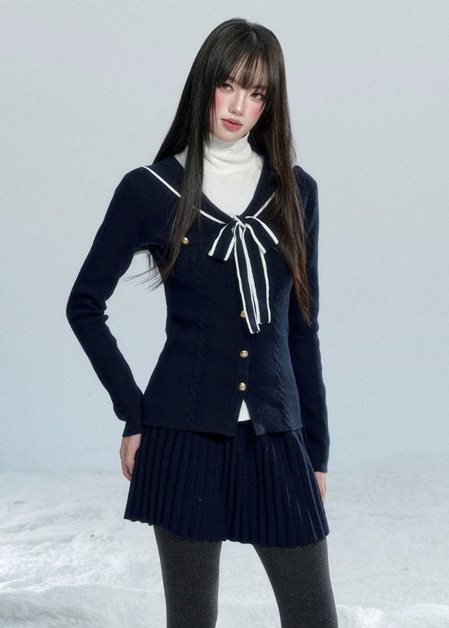 Fragile Heart navy knit top, bow tie sweater, sailor collar knit blouse, Korean girly knitwear, feminine ribbon sweater, waist-slim knit top, soft waxy knit shirt, pretty navy bow top, winter Korean romantic sweater, cute preppy knit blouse, AW feminine soft knit top
