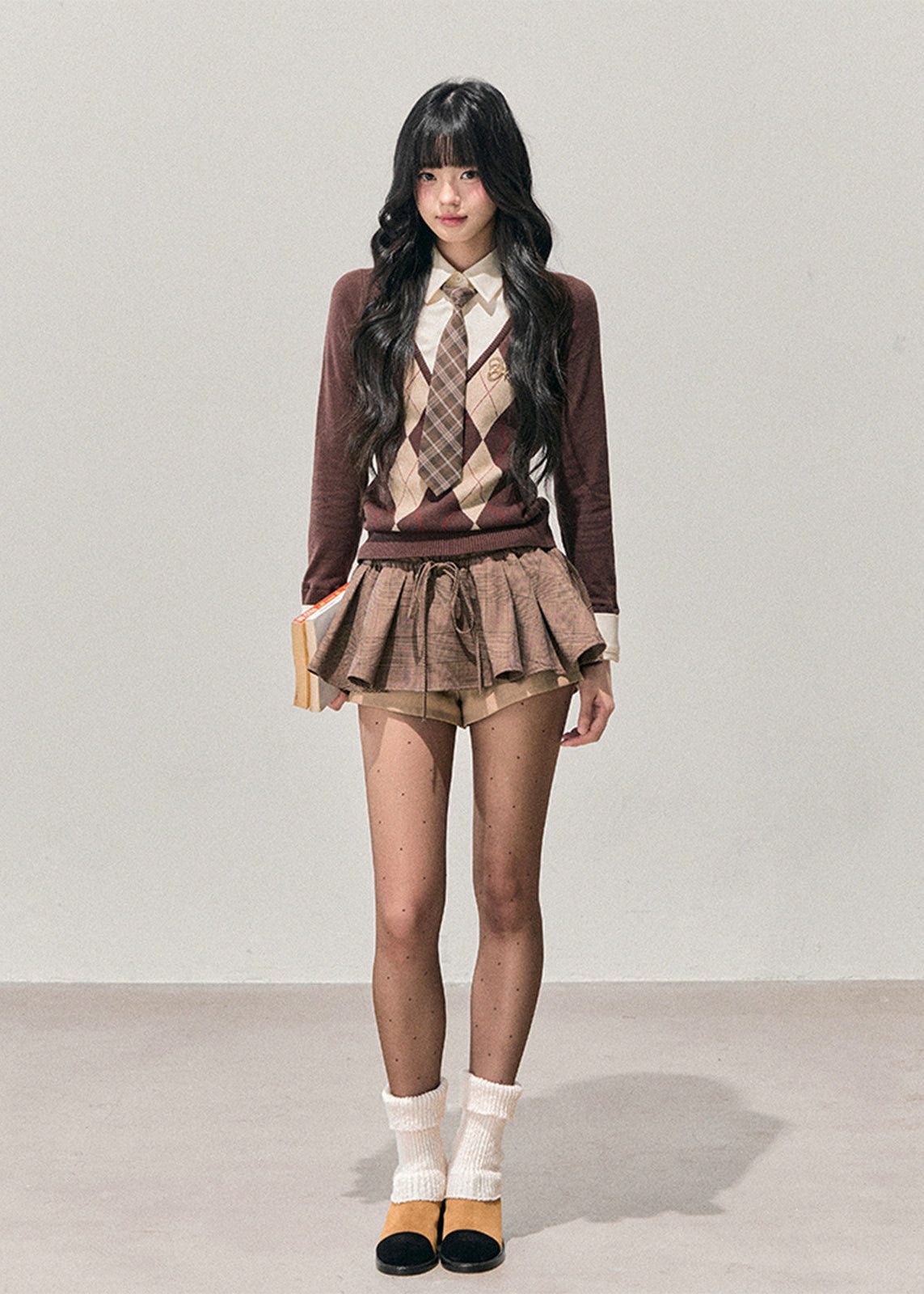 AOMALM knit top, Korean feminine sweater, fake two piece sweater, argyle knit top, diamond pattern sweater, women winter knitwear, soft Korean style top, slim fit knit sweater, vintage argyle sweater women, autumn winter knit top, layered look sweater, feminine Korean fashion, brown knit sweater women, cozy winter top, aesthetic Korean outfit, preppy style knit, soft girl sweater