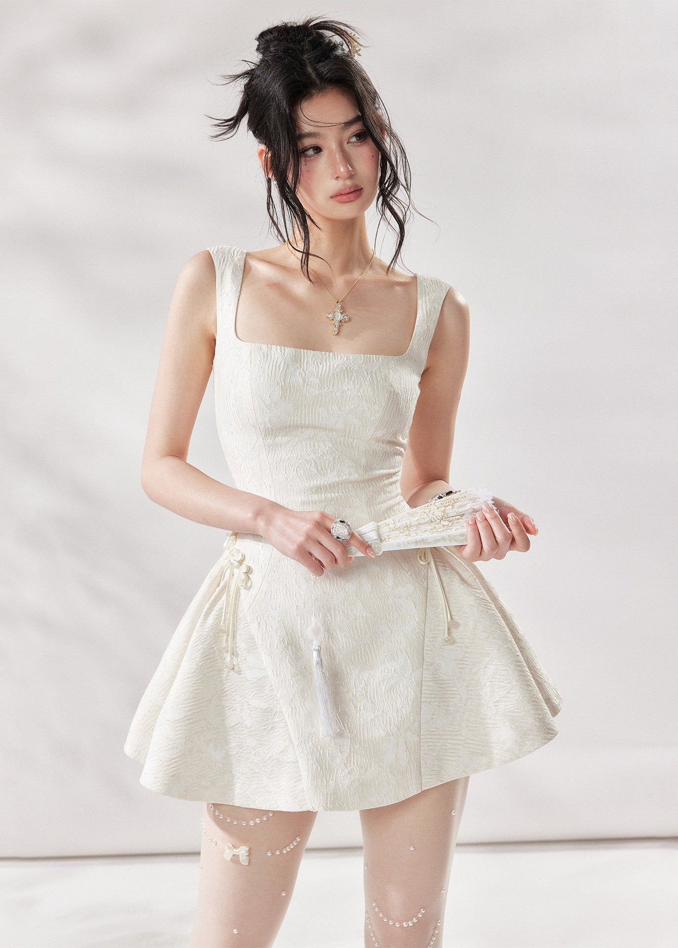 ivory a line dress, square neck dress women, white summer dress, french style mini dress, korean fashion dress, romantic summer dress, sleeveless a line dress, vacation dress women, feminine summer outfit, elegant casual dress