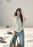 aomalm top, halter top women, draped halter blouse, backless summer top, french style halter top, feminine korean top, silk feel sleeveless top, elegant summer blouse, cowl halter top, light sage top