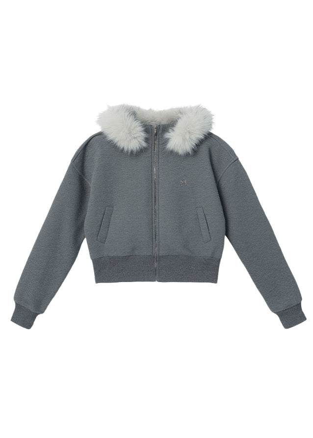 Fragile Heart fur collar hoodie, fluffy trim jacket, soft feminine winter hoodie, Korean girly zip-up coat, short cozy winter jacket, big fur collar sweatshirt, romantic warm hoodie, grey fluffy collar jacket, cute Korean outerwear, AW soft girl jackets, feminine winter hoodie coat