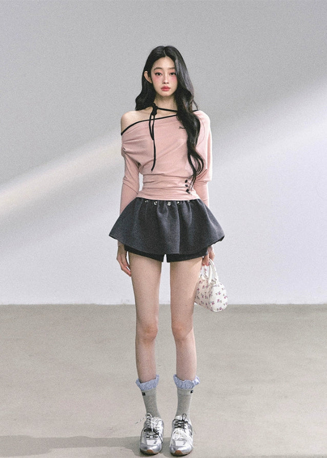 korean halterneck top, korean off shoulder top, hot girl pink top, korean streetwear women, autumn long sleeve halter shirt, korean slim fit t shirt, seoul fashion top, kfashion off shoulder shirt, pink halter knit top, korean style cute top, off shoulder long sleeve korean, hot girl fall outfit, ribbon neck korean top, slim waist korean tee, soft pink korean fashion