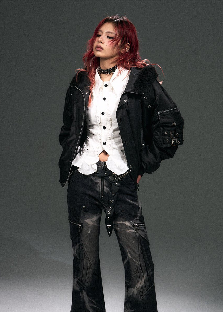 punk hooded jacket women, street punk coat, fur collar jacket women, edgy winter outerwear, dark street fashion jacket, oversized punk jacket, cotton winter coat women, alternative fashion outerwear, gothic street jacket, heavy winter streetwear, frustration garden jacket, edgy women coat, punk style winter jacket, statement black jacket women, industrial fashion outerwear
