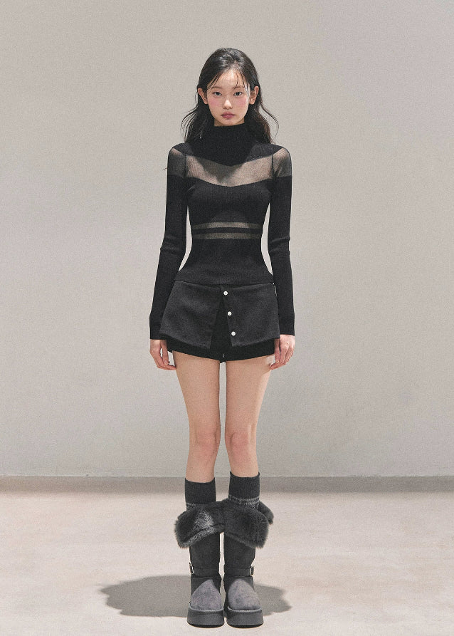 whispering of the night top, korean knit top, semi sheer knit, mesh panel knit shirt, slim fit winter top, women’s turtleneck knit, korean fashion top, elegant mesh knitwear, black mesh knit top, ivory mesh sweater, AOMALM top, winter slim knit shirt, long sleeve mesh top, feminine korean clothes, chic winter tops for women, aesthetic winter outfits, stylish knit base layer, hot girl knit top, soft stretch knitwear