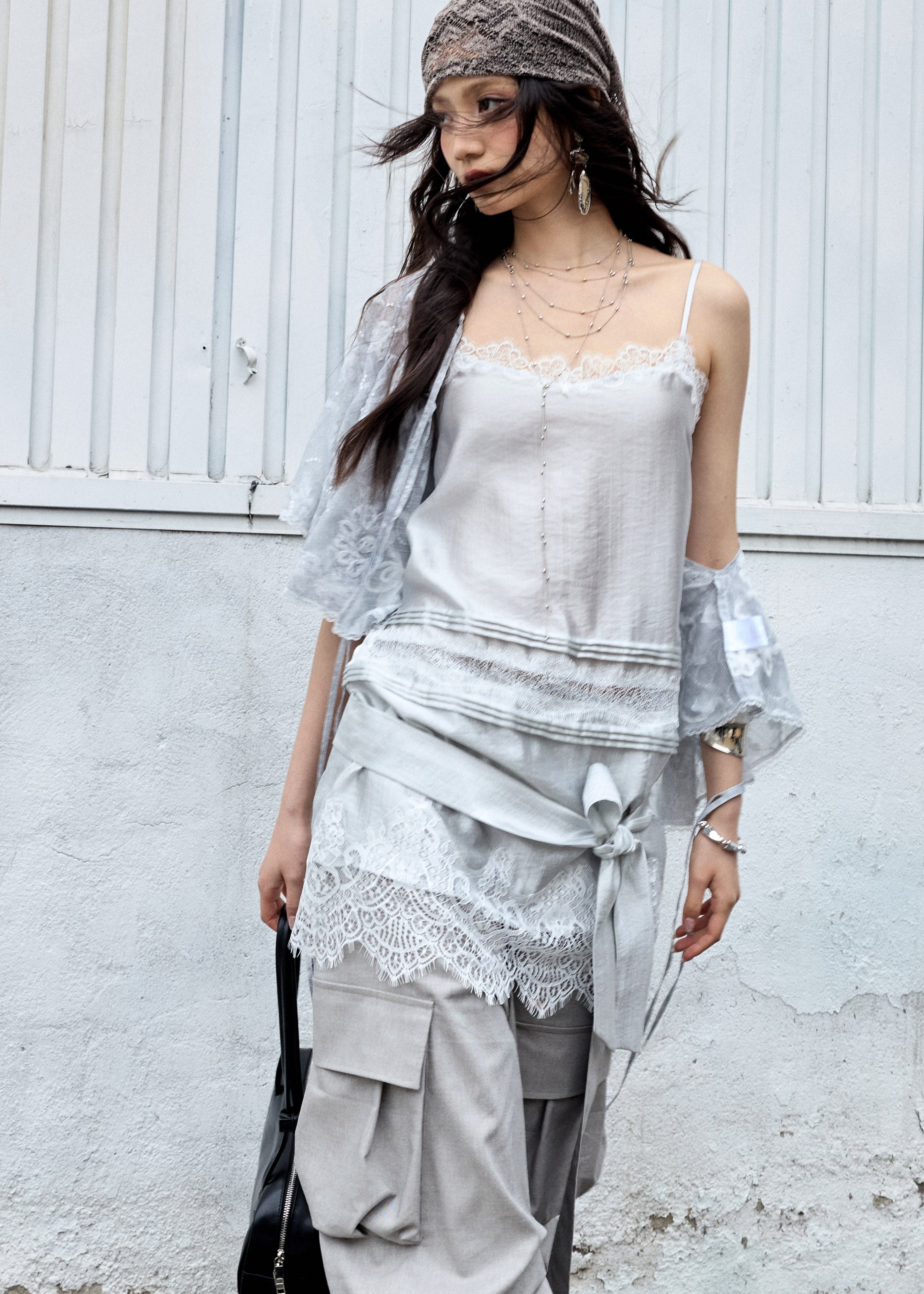 jnylon camisole, lace patchwork camisole, white satin cami top, korean fashion top, stylish korean camisole, lace trim cami, relaxed summer camisole, romantic lace top, cool white cami, satin lace-up top