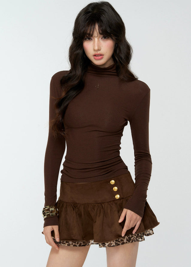 4muggle, lyocell wool turtleneck, slim fit high neck top, thermal base layer, women’s winter knit top, brown turtleneck shirt, supermodel silhouette top, stretchy soft knit, Korean style top, autumn winter layering, hot diamond detail top, second skin fit, chic stylish basics, warm long sleeve top