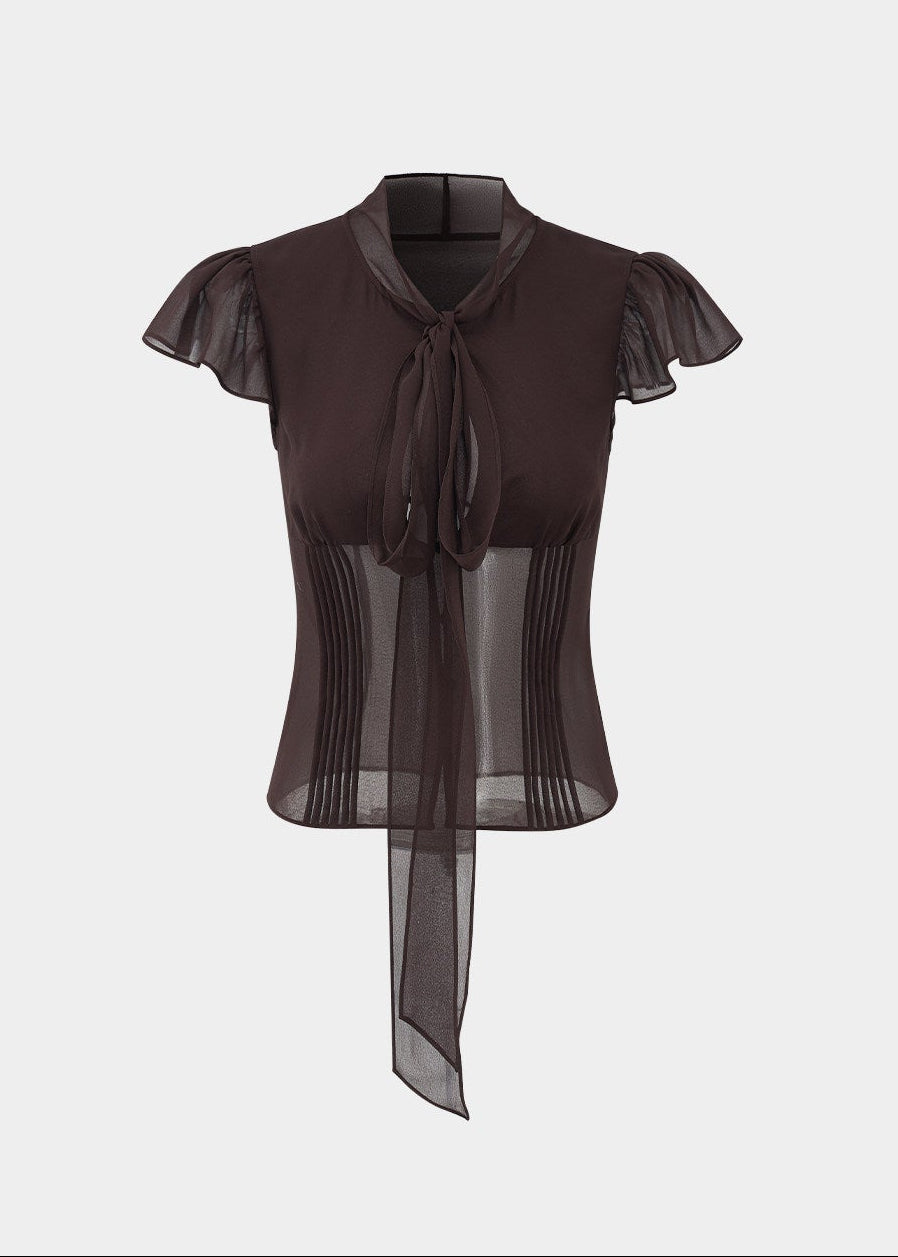 hollow tie neck top, hip wrap skirt set, mermaid skirt set, Korean feminine set, ruffled shirt set, sheer panel two piece set, keyhole top and skirt, romantic skirt set, fitted two piece outfit, date night outfit, elegant Korean fashion, feminine co ord set, caramel brown skirt set, pure desire outfit, summer skirt set