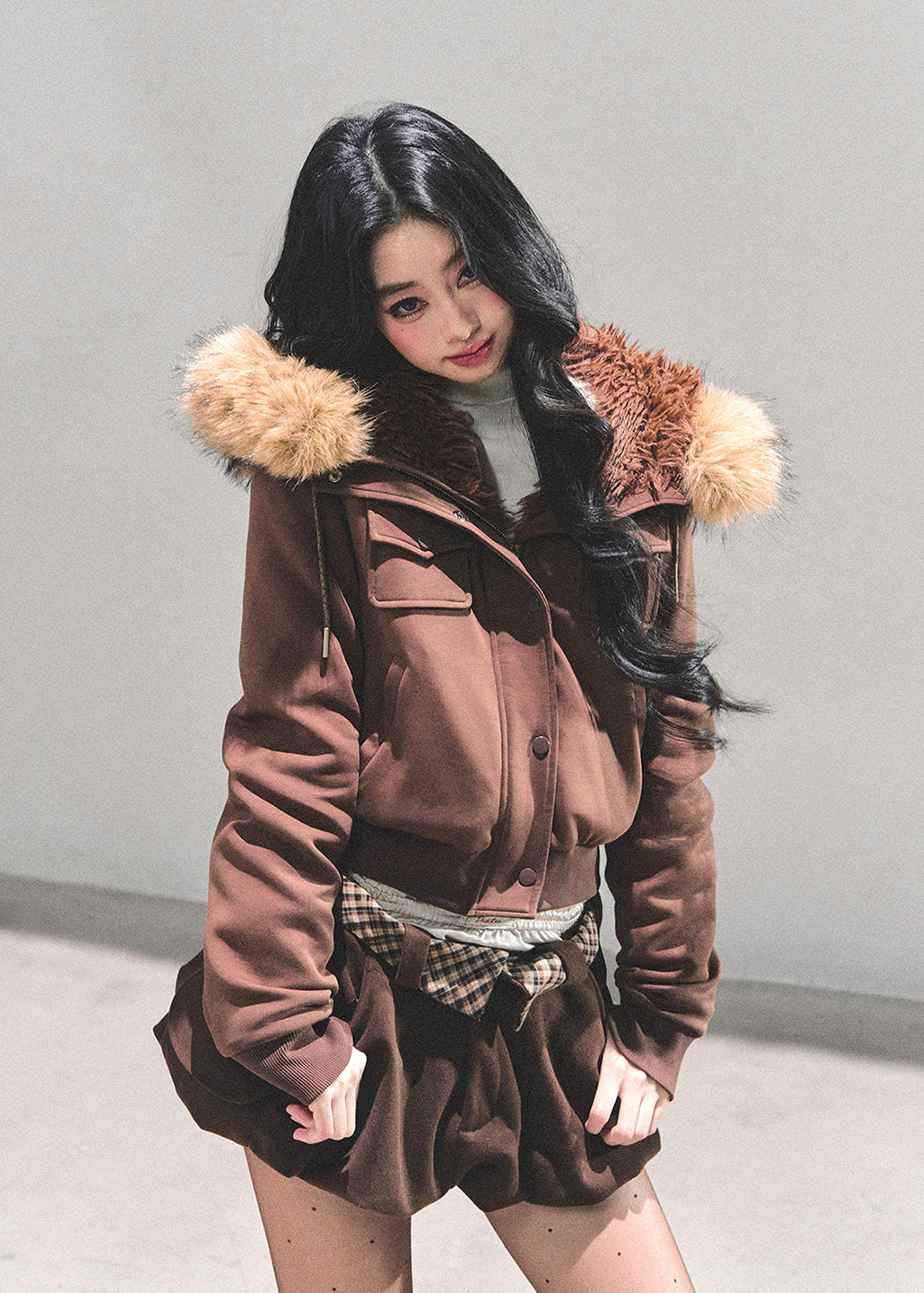 winter faux fur jacket, Korean winter coat, plush hooded jacket, AOMALM jacket, British style coat women, cute winter jacket, feminine winter outerwear, faux fur hood coat, soft plush winter coat, Korean aesthetic fashion, warm stylish jacket women, winter street style Korea, girly winter jacket, fluffy hood coat, cozy winter outerwear, trendy winter fashion 2025, Maillard tones jacket, autumn winter korean tops