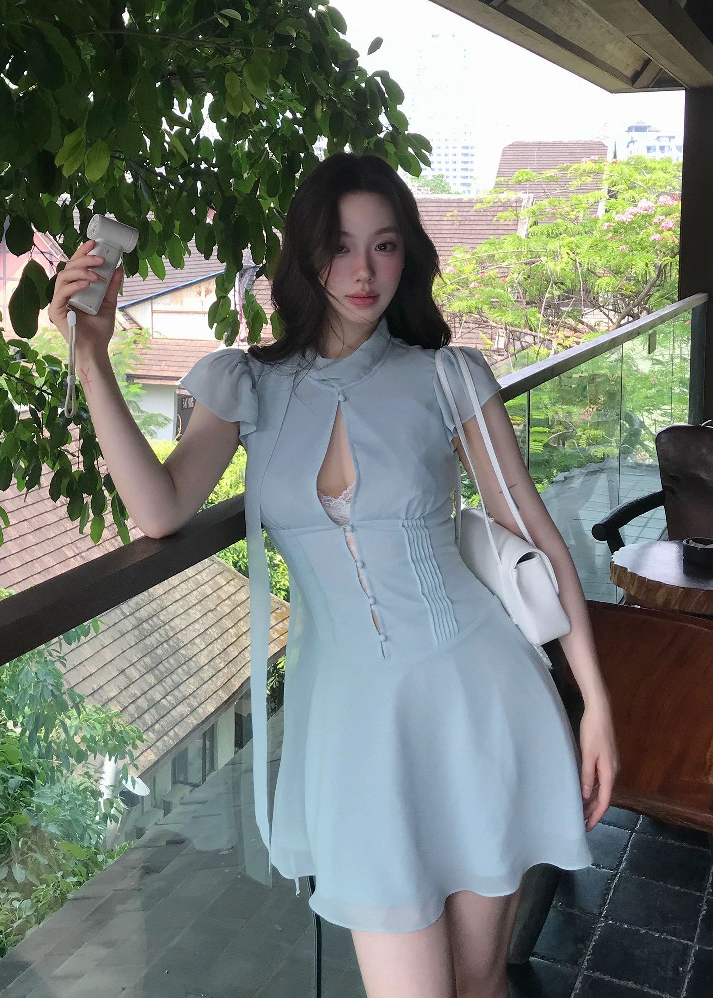 bow-tie chiffon mini dress, white chiffon dress, flutter sleeve mini dress, feminine korean dress, romantic summer dress, fit and flare mini dress, tie-neck dress, elegant white mini dress, soft girl summer dress, vacation mini dress, café date dress, graceful chiffon dress