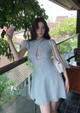 bow-tie chiffon mini dress, white chiffon dress, flutter sleeve mini dress, feminine korean dress, romantic summer dress, fit and flare mini dress, tie-neck dress, elegant white mini dress, soft girl summer dress, vacation mini dress, café date dress, graceful chiffon dress
