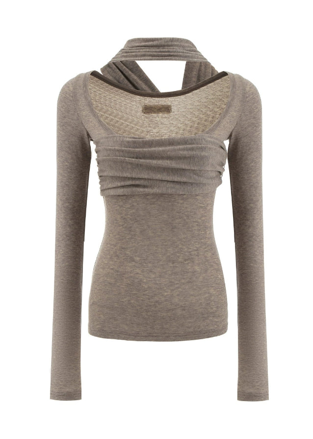 halter scarf top, integrated halterneck tee, 4muggle stylish top, pure desire long sleeve, slim knit T-shirt, trendy city girl outfit, gentle paper man top, chic halter long sleeve, Korean fashion long sleeve, stylish knit tee, modern street chic top, soft slim fit halter top, urban girl fashion, minimal chic long sleeve