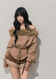 Korean feminine top, off shoulder knit top, winter plush top, fur trim sweater, waist slimming top, soft Korean style, women winter top, French inspired knitwear, cozy feminine top, elegant winter outfit, AOMALM top, faux fur trim shirt, romantic winter fashion, slim fit knit top, Korean aesthetic clothing, winter date outfit, soft girl style top, feminine corset top
