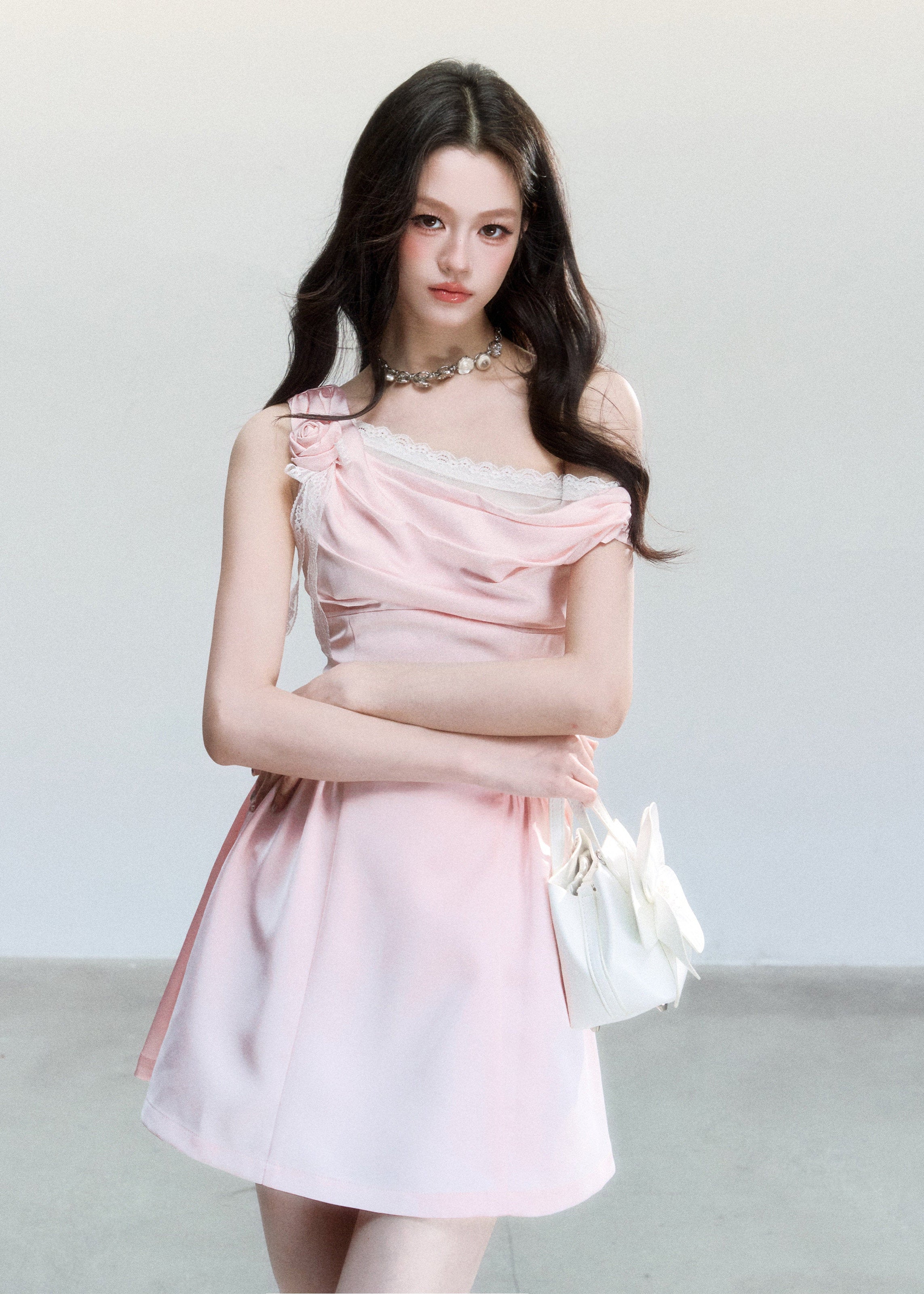 fragileheart dress, pink satin dress, one shoulder dress, asymmetrical dress, korean feminine dress, princess mini dress, blush party dress, waist cinching dress, elegant satin mini dress, romantic korean dress, soft pink occasion dress, heiress style dress
