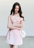fragileheart dress, pink satin dress, one shoulder dress, asymmetrical dress, korean feminine dress, princess mini dress, blush party dress, waist cinching dress, elegant satin mini dress, romantic korean dress, soft pink occasion dress, heiress style dress