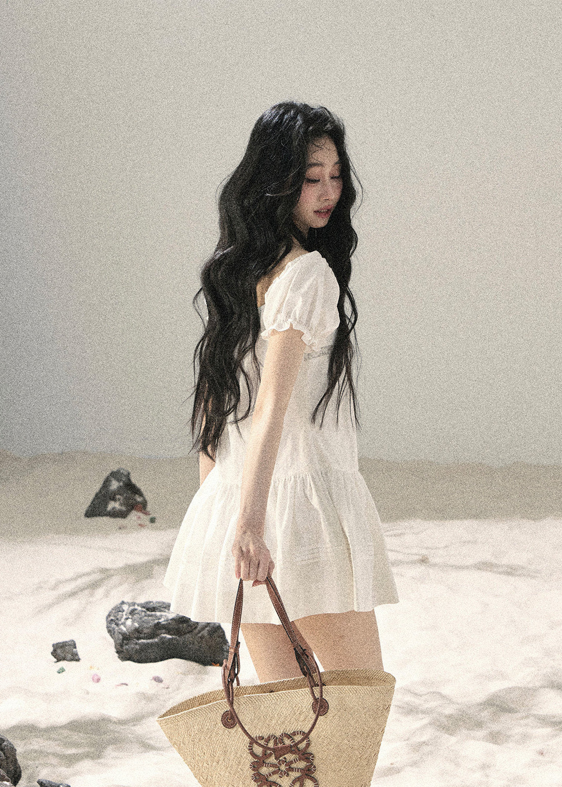 White puff-sleeve mini dress with square neckline