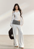 White wide-leg trousers with a ruched striped waistband