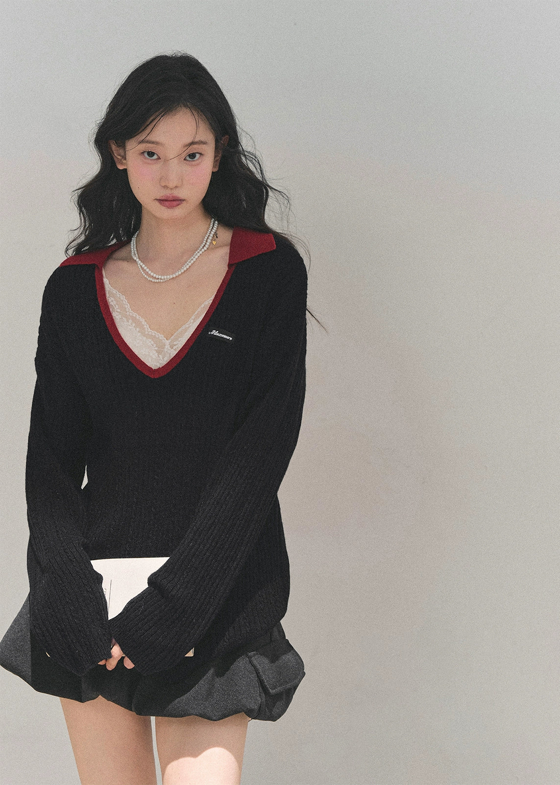 AOMALM sweater, V-neck knit top, college style sweater, Korean fashion sweater, wool knit women's top, winter knit pullover, feminine V-neck sweater, soft wool sweater, black knitted top, winter Korean style outfit, cute warm sweater women, campus style knitwear, deep V-neck pullover, trendy winter tops 2025, elegant knit sweater women, minimal chic sweater, soft warm knit top.