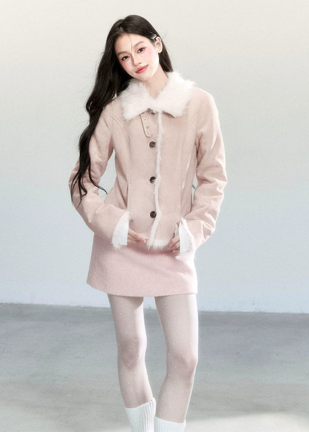 Fragileheart suede coat, faux fur jacket, winter Korean fashion, luxury feminine outerwear, plush shearling coat, quiet luxury womenswear, pastel noir aesthetic, elegant winter outfit, soft beige jacket, warm faux suede coat, K-fashion 2025, cozy luxury fashion, refined feminine look, modern winter style
