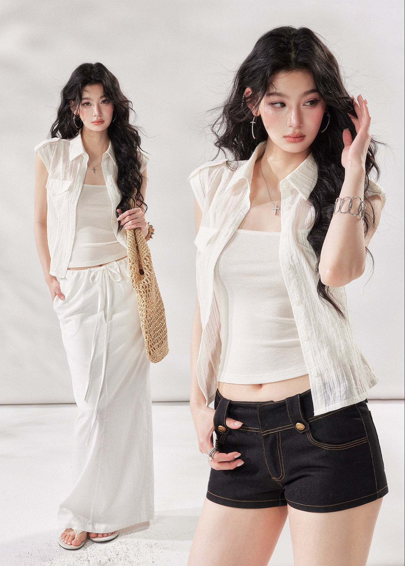white layering top, tencel shirt women, camisole shirt set, summer two piece top, white short sleeve shirt women, korean fashion top, minimalist summer outfit, casual city outfit women, lightweight summer shirt, stylish layering set