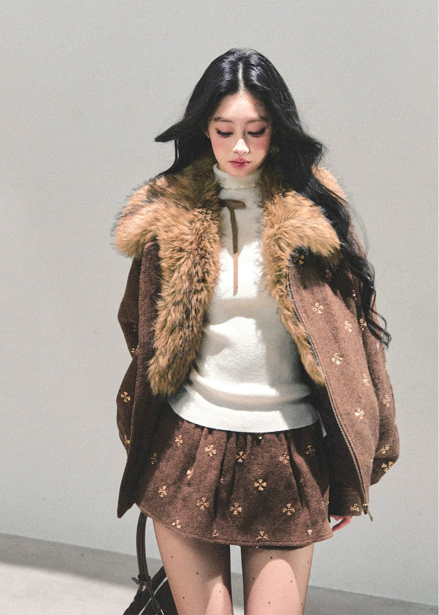 Whisper of Snowfall set, Maillard wool suit, Korean winter outfit, two-piece wool set, faux fur collar jacket, winter skirt set, AOMALM wool outfit, embroidered wool jacket, warm winter coordinates, Korean fashion winter set, cozy jacket and skirt set, feminine winter outfit, stylish wool two-piece, warm Maillard tone outfit, luxury winter clothing, cute winter suit women, Korean style jacket skirt set, soft wool winter wear, brown wool skirt set, fluffy collar winter jacket.