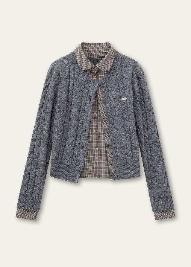 SunsetPark knit sweater, doll collar knit top, fake two-piece sweater, Australian wool knitwear, soft girly winter knit, Korean college style sweater, cozy layered look knit, twilight pine forest knit, pastel winter sweater, feminine winter fashion, cute Korean knit top, warm doll-collar sweater, AW seasonal knitwear, pine forest theme sweater