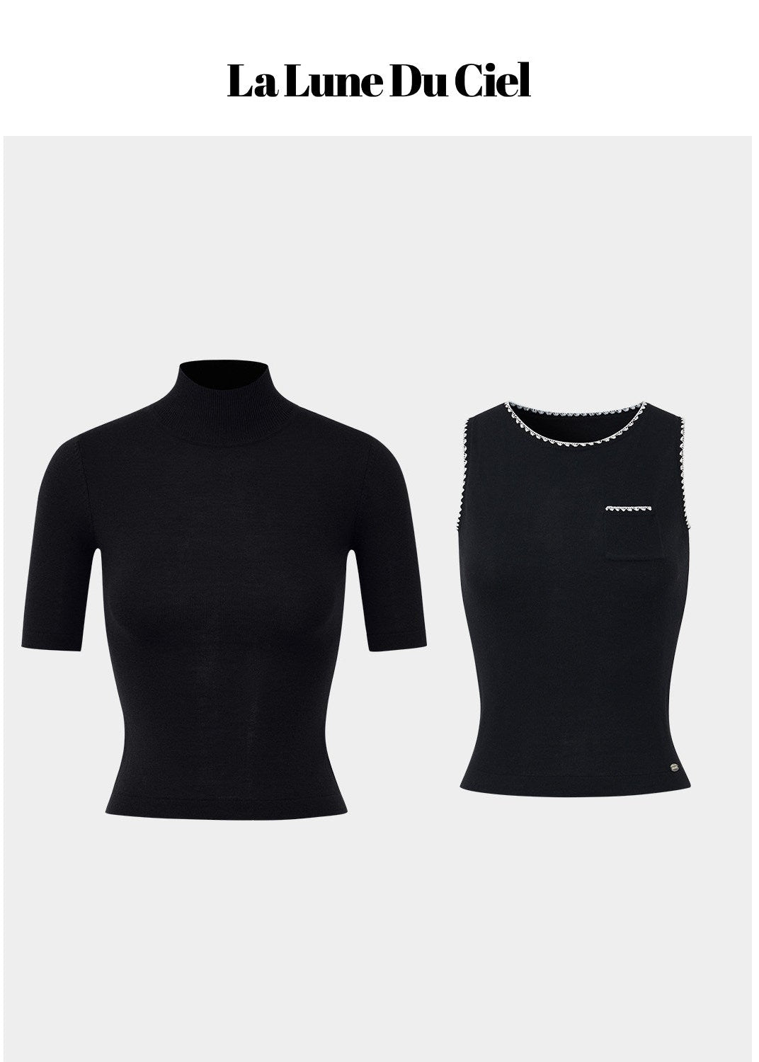LaluneDuCiel layered knit top women, Korean slim high neck top, feminine two piece knit tee, elegant Korean style fitted top, chic minimal knit shirt women, slim short sleeve knit top Korean fashion, everyday feminine knitwear women, versatile layered tee Korean style, stylish Korean fashion top