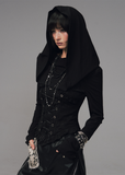 gothic hooded corset top, dark jacquard knit top, frustration garden top, lace up waist long sleeve, occult fashion hooded top, avant garde hood knit, gothic emo top women, deconstructed hood shirt, punk romantic knitwear, herringbone lace up blouse
