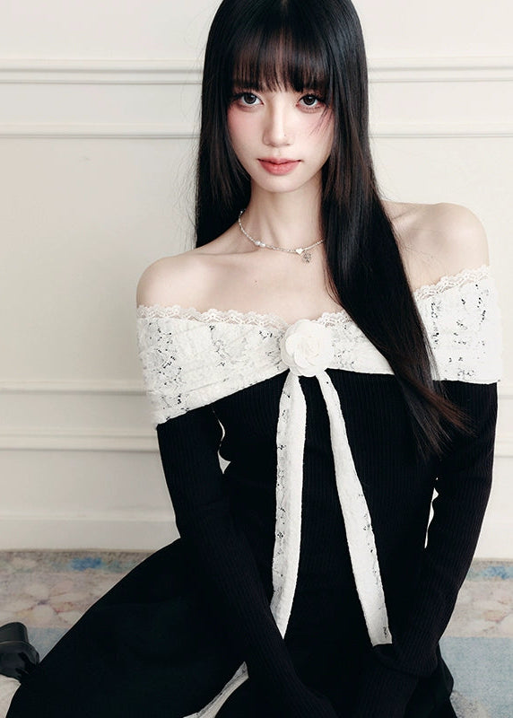 A declaration in silk and lace — the Confession Overture Dress embodies Fragileheart’s vision of refined rebellion. The sculpted off-shoulder neckline wraps delicately around the collarbone, accented by a lace ribbon rose that drapes like a whispered vow. Its cinched waist and flowing skirt create a timeless silhouette of grace, evoking the poise of a modern princess with quiet power.