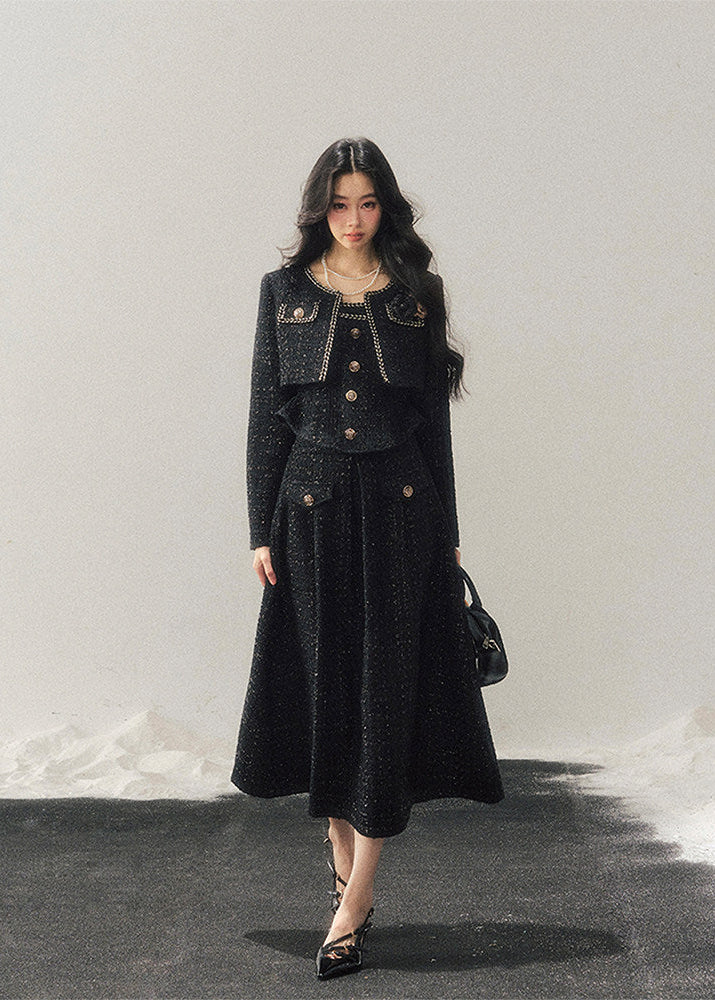 AOMALM, Korean feminine tweed set, winter three piece set women, French chic wool outfit, black tweed jacket skirt set, rich daughter style, elegant winter set, Korean fashion winter, feminine wool tweed, luxury winter outfit women, soft feminine aesthetic, classic black tweed, layered winter styling, boutique Korean brand, refined winter ensemble, slim silhouette winter set