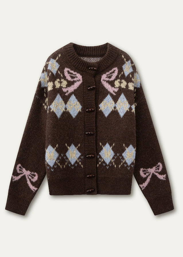 SunsetPark wool jacket, bow fair isle knit, horn button cardigan, girly winter knitwear, soft cozy wool sweater, Korean cute winter jacket, ribbon pattern knit, fair isle bow cardigan, feminine warm knit top, winter soft girl outfit, cute fair isle sweater, AW Korean fashion knitwear