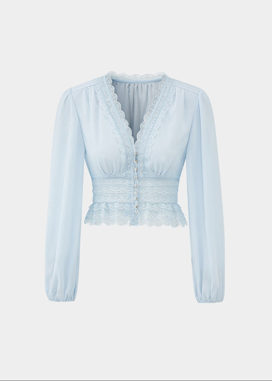 chiffon lace top, puff sleeve blouse, v neck summer top, Korean feminine top, French resort blouse, lace trim top, waist slimming blouse, cropped chiffon top, romantic summer blouse, beach vacation top, sunbathing style top, feminine Korean fashion, lightweight chiffon blouse, resort wear top, summer lace shirt