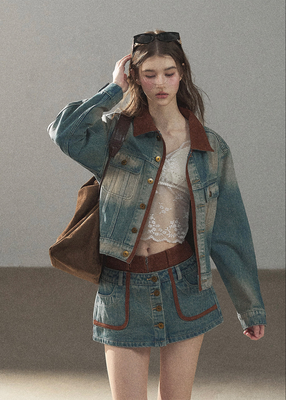Washed denim jacket and mini skirt set